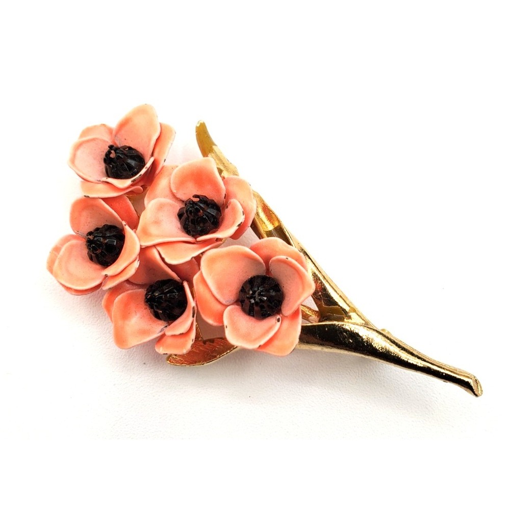 Vintage Sprig of Pink Poppies Brooch Pin Weiss Gold Tone
